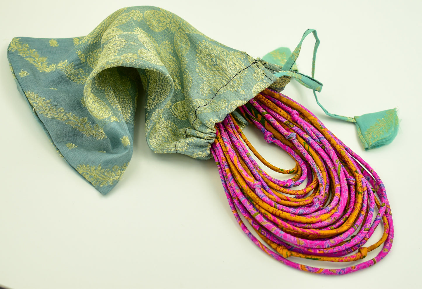 Autumn Sunset — Sari Silk Bead Necklace — Pink and Gold — close-up detail