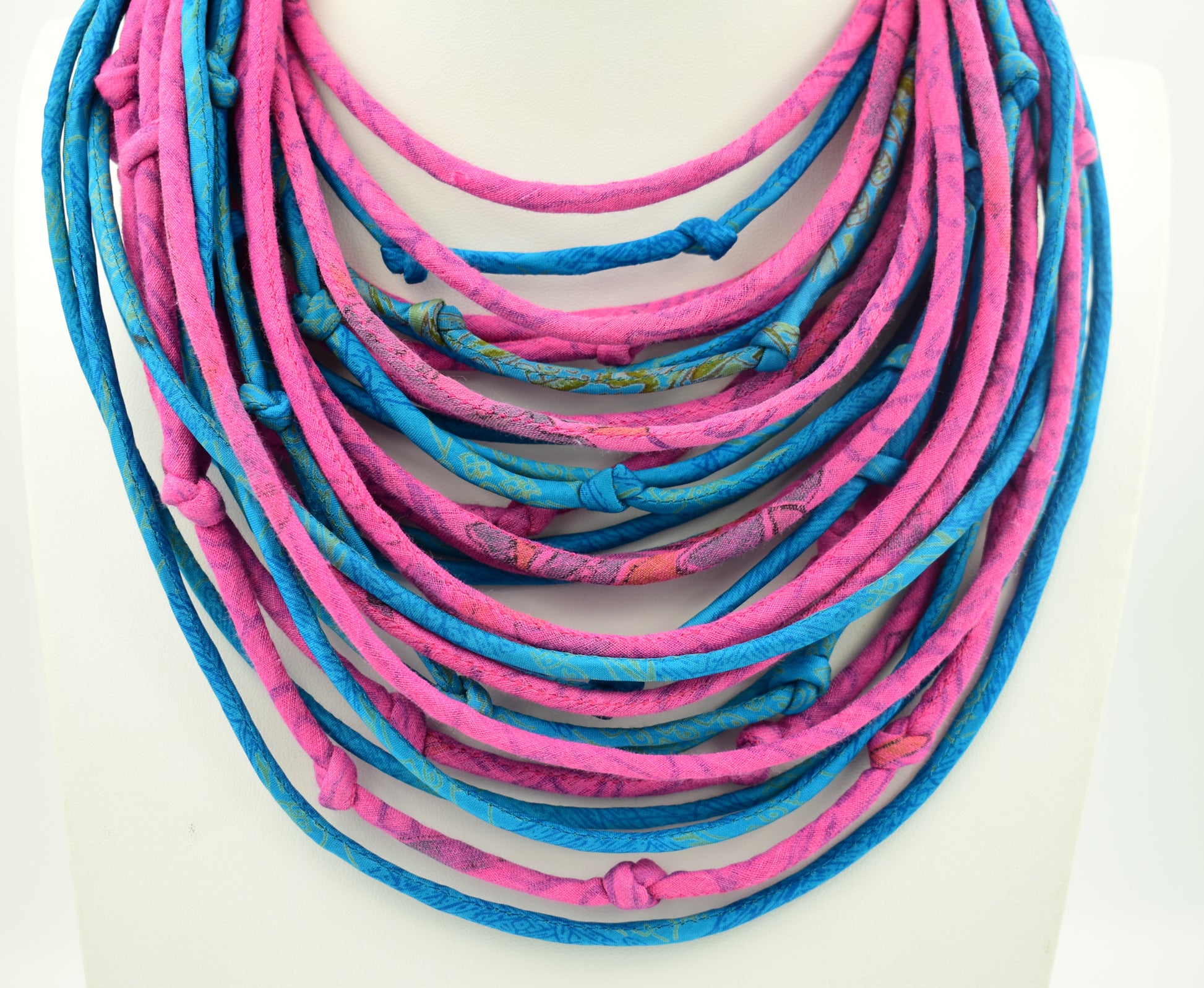 Sari Silk Bead Necklace — Pink and Blue — detail of beads