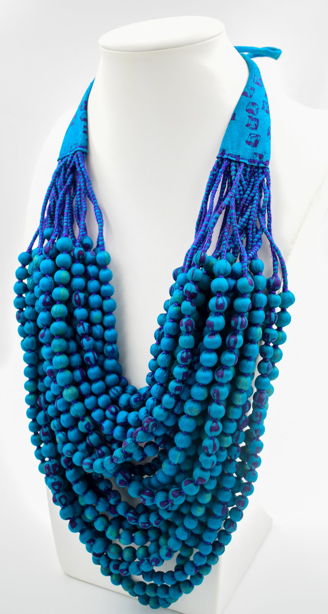 Peacock — Sari Silk Bead Necklace, 22-String — Teal and Purple