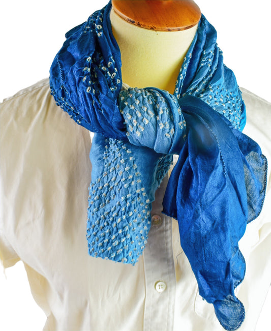 Silk Bandhani Scarf — Blue Ombre — draped
