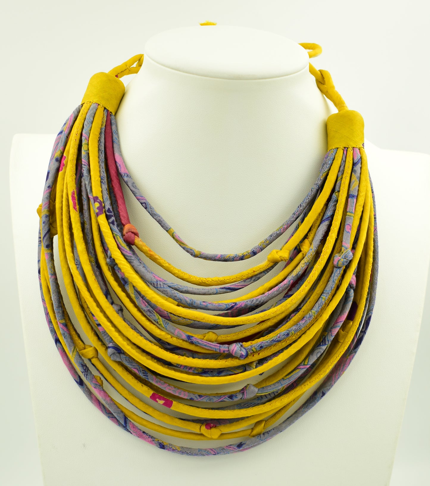 Sari Silk Bead Necklace — Yellow and Grey