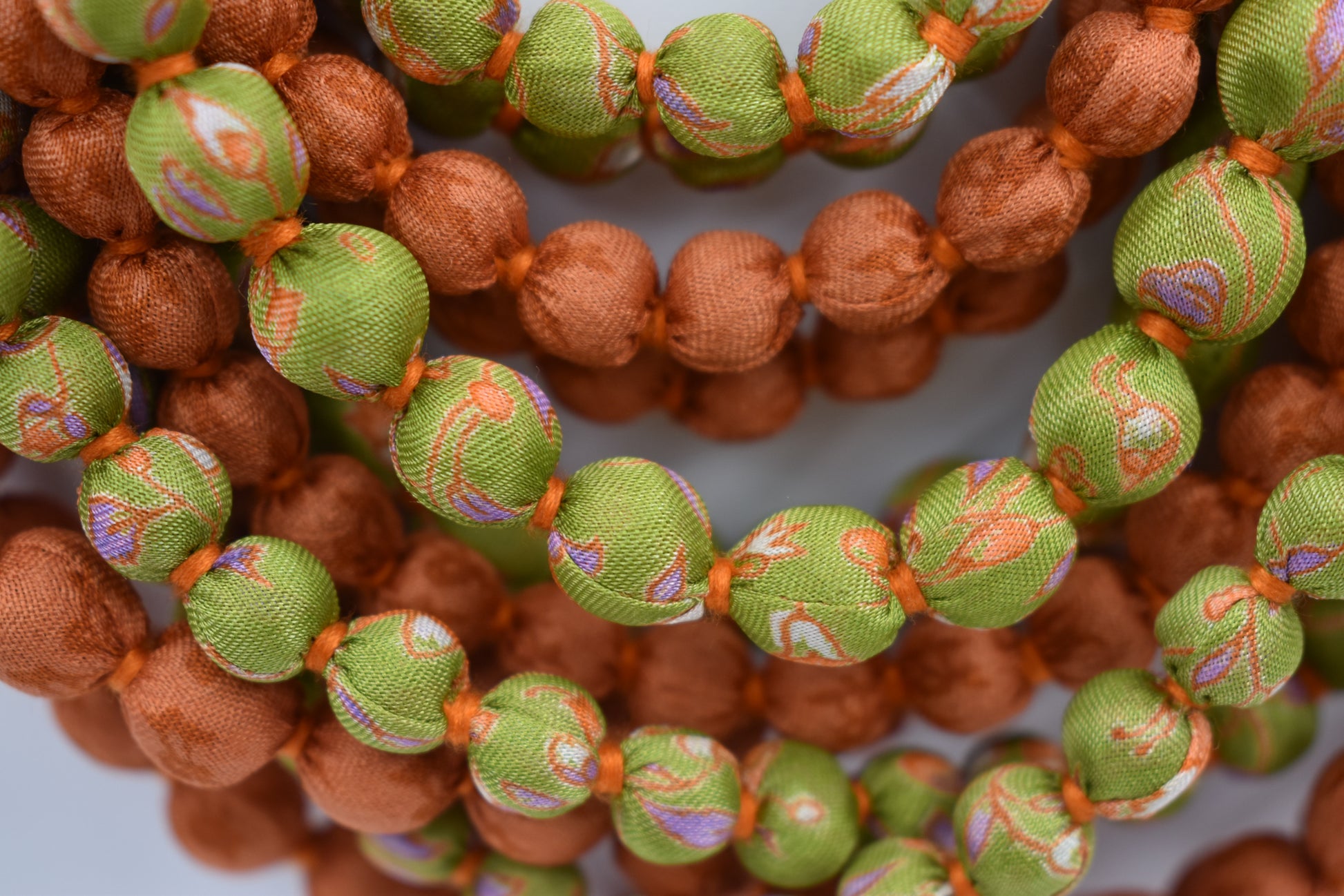 Maya — Sari Silk Bead Necklace, 12-String — Papaya — detail of beads