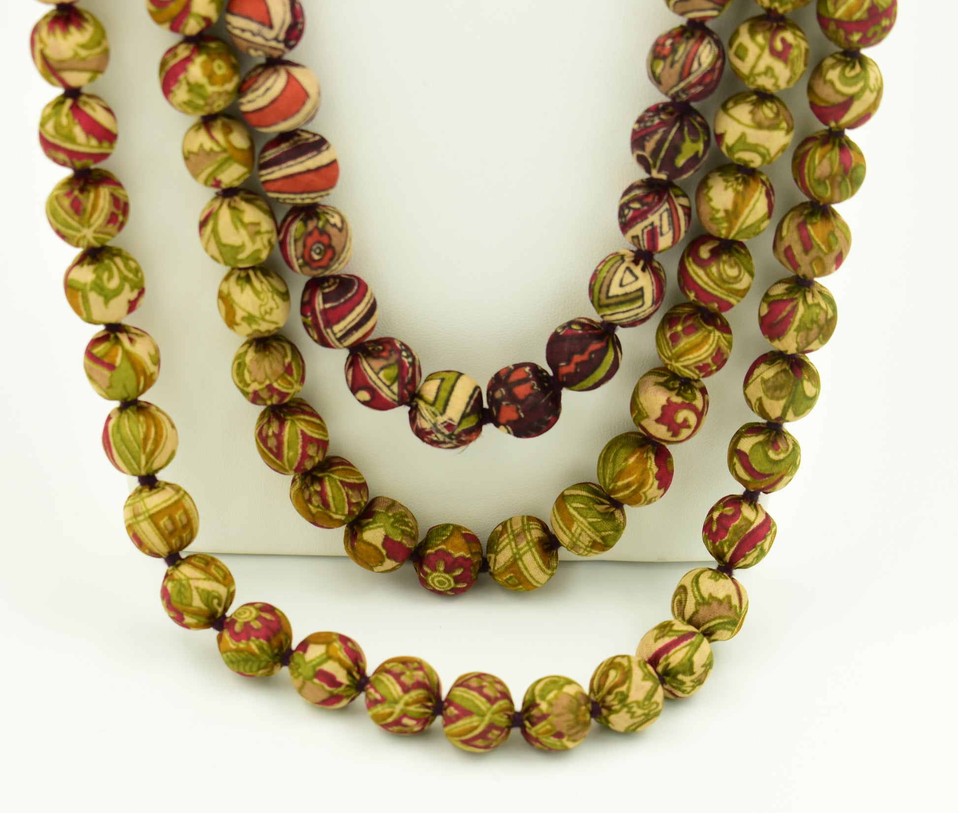 Sari Silk Bead Necklace, 3-String — Green, Maroon and Rust — worn on neck