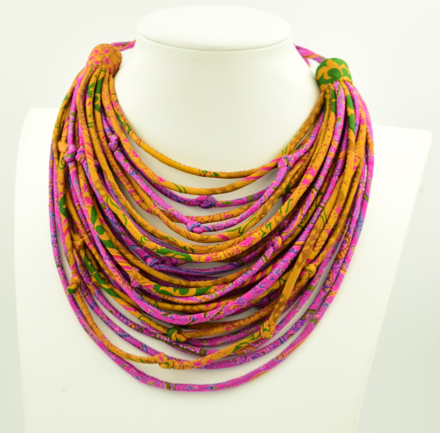 Autumn Sunset — Sari Silk Bead Necklace — Pink and Gold