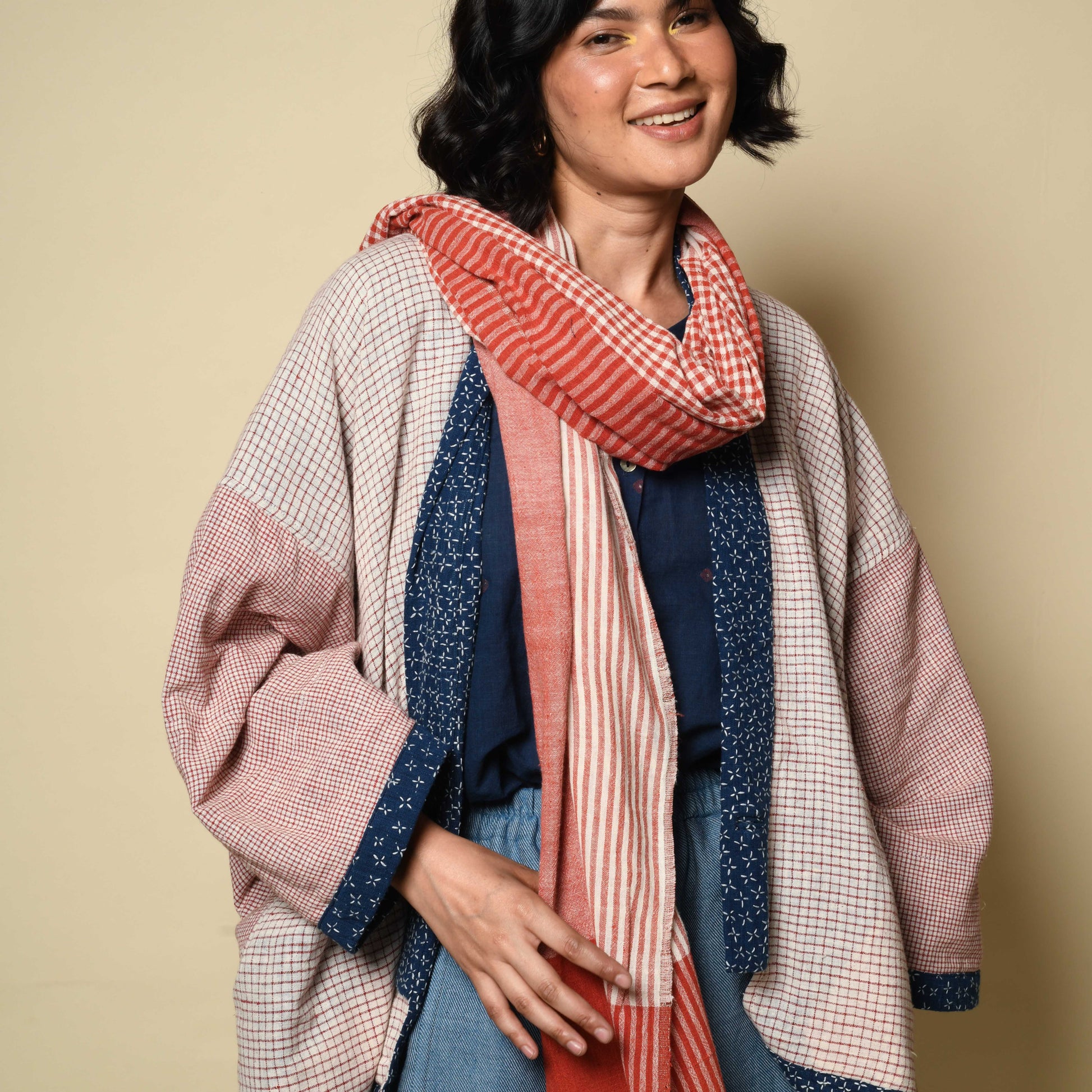 Gamcha cotton scarf in red and white stripe check, handwoven in Maheshwar