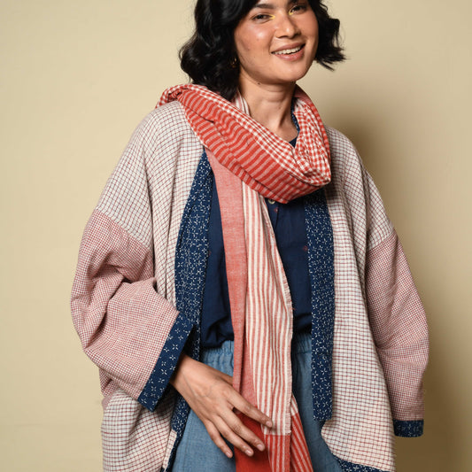 Gamcha cotton scarf in red and white stripe check, handwoven in Maheshwar