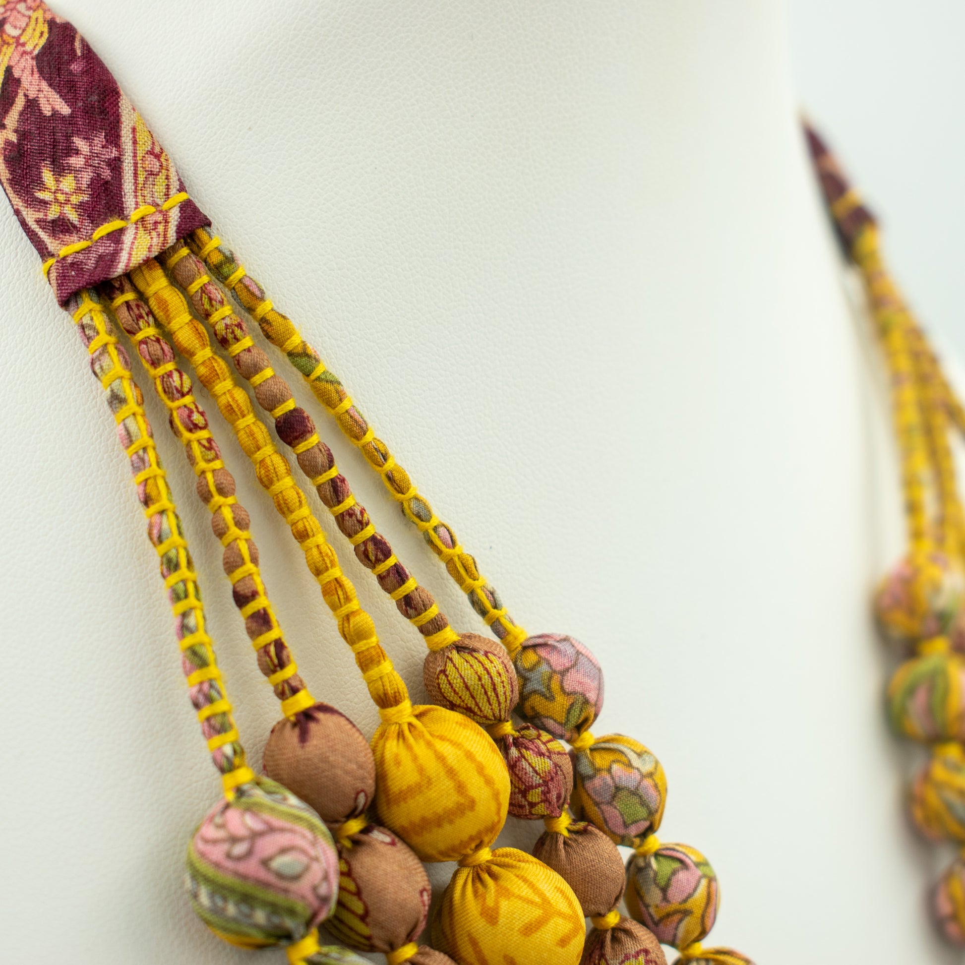Sari Silk Bead Necklace, 5-String — Mustard and Chocolate — worn on neck
