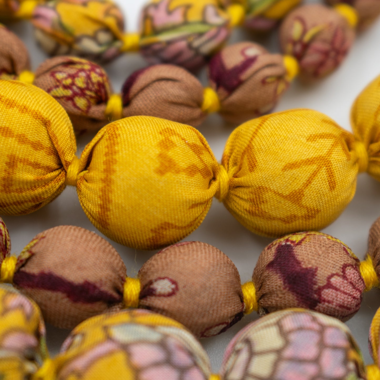 Sari Silk Bead Necklace, 5-String — Mustard and Chocolate — close-up detail