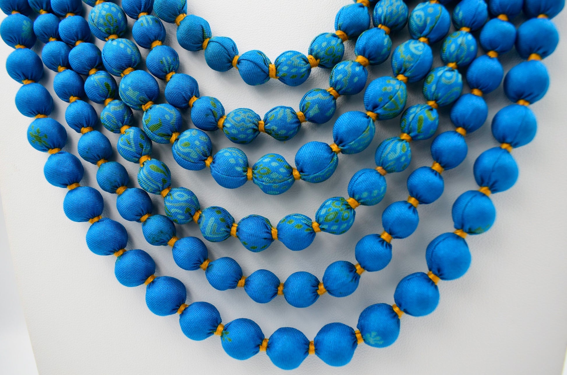 Curacao — Sari Silk Bead Necklace, 6-String — Vivid Blue — detail of beads