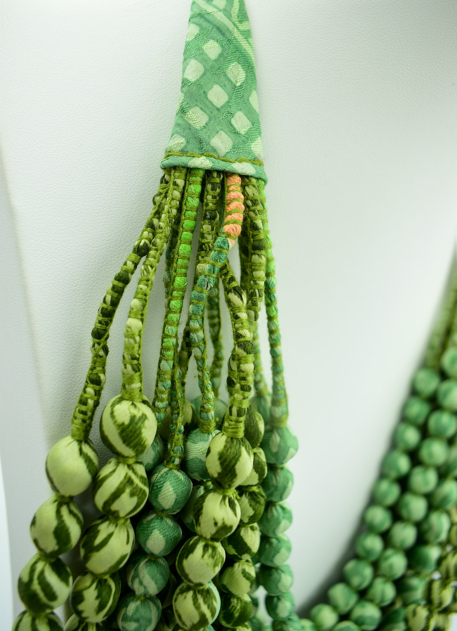 Verdant — Sari Silk Bead Necklace, 12-String — Shades of Green — worn on neck