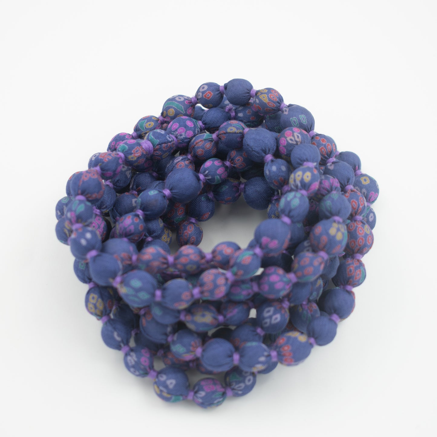 Sari Silk Bead Necklace, 1-String — Indigo Tie-Dye — worn on neck