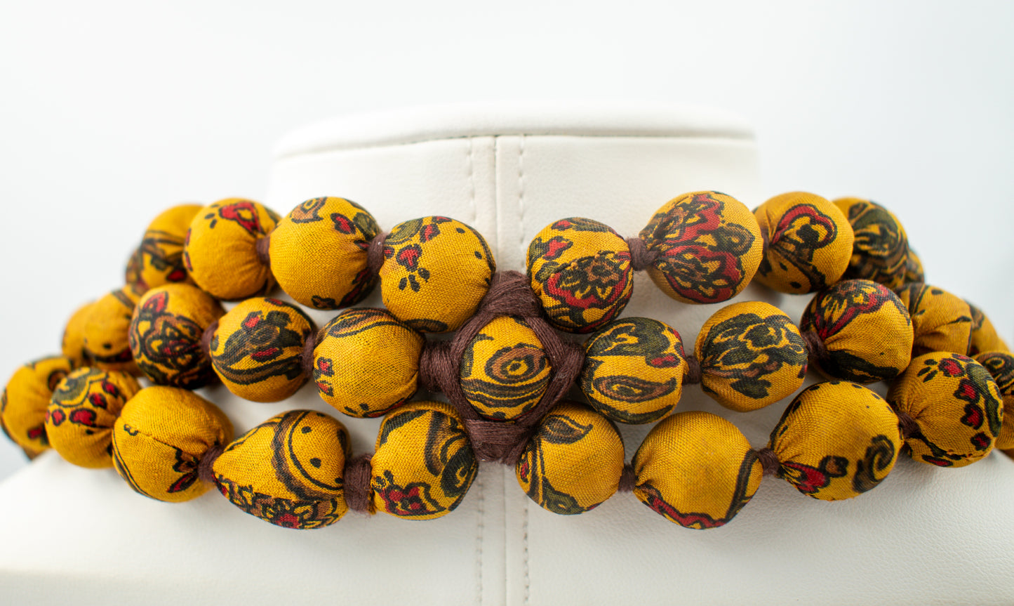 Sari Silk Bead Necklace, 3-String — Mustard and Brown — detail of beads