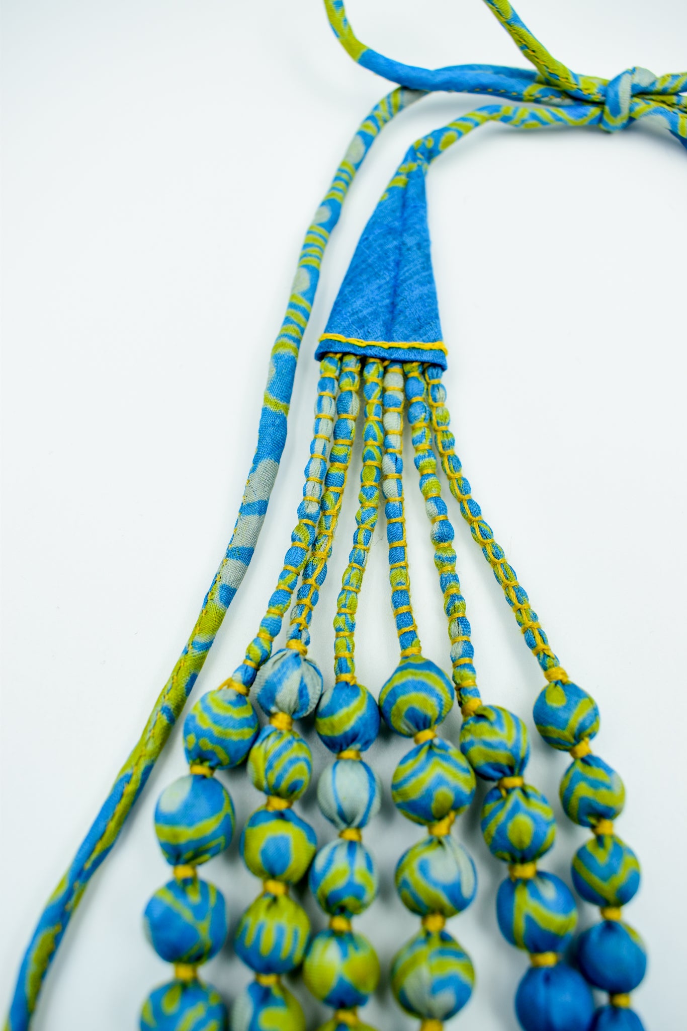Minty Fresh Blue — Sari Silk Bead Necklace, 6-String — Blue and Mint — styling view