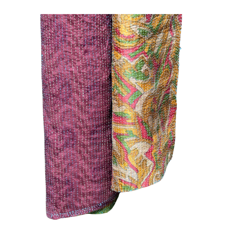 Kantha Silk Sari Shawl — Burgundy, Green and Gold — draped