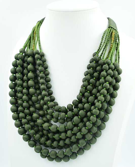 Growth — Sari Silk Bead Necklace, 12-String — Forest Green