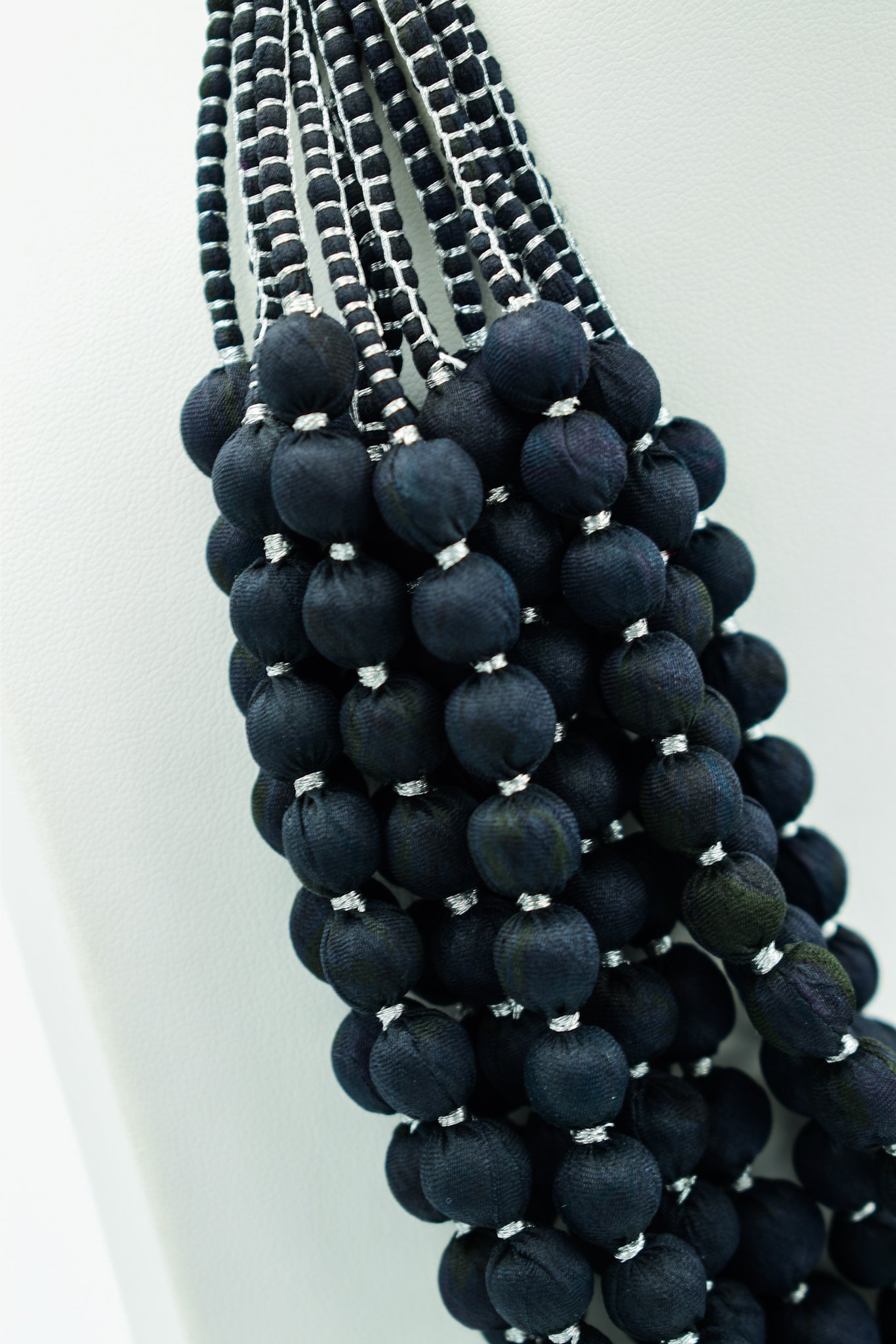 Ebony — Sari Silk Bead Necklace, 12-String — Black and Silver — worn on neck
