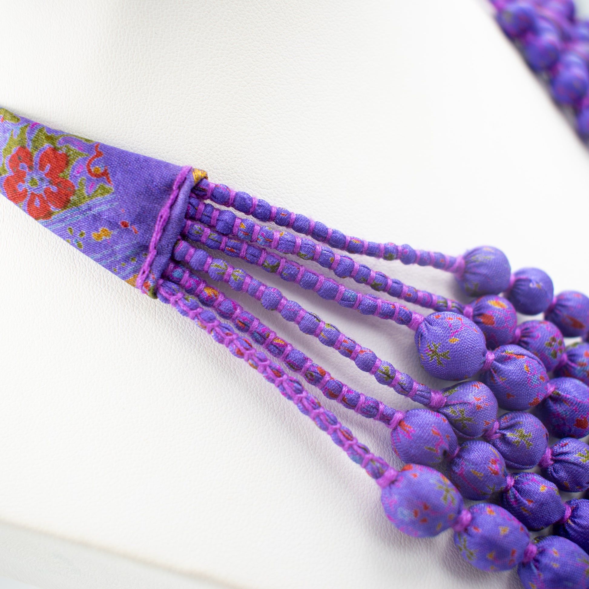Sari Silk Bead Necklace, 6-String — Purple — worn on neck