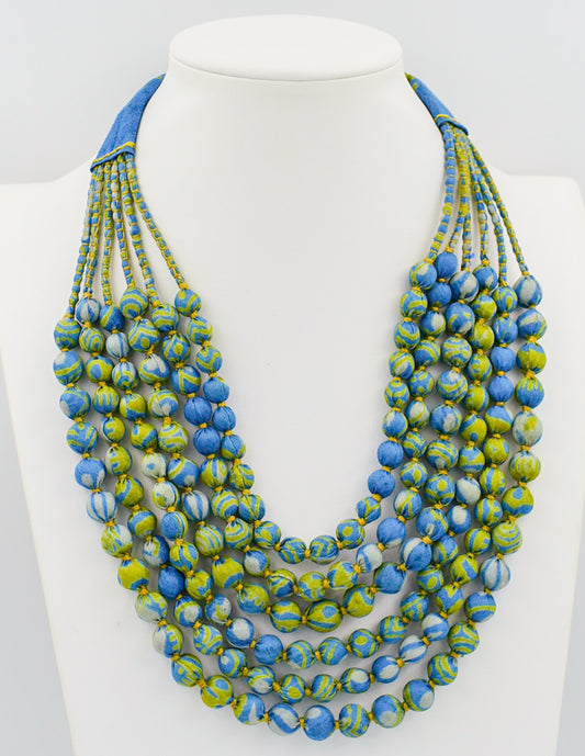 Minty Fresh Blue — Sari Silk Bead Necklace, 6-String — Blue and Mint — detail of beads