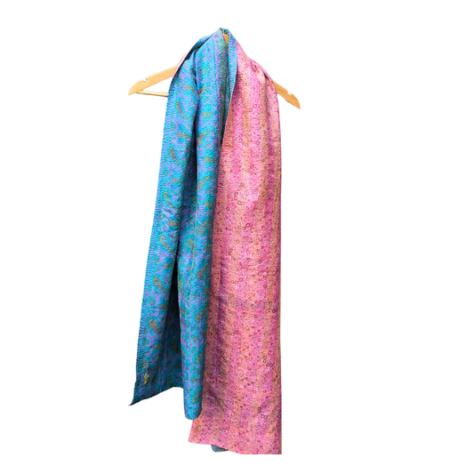 Kantha Silk Sari Shawl — Rose Pink and Teal