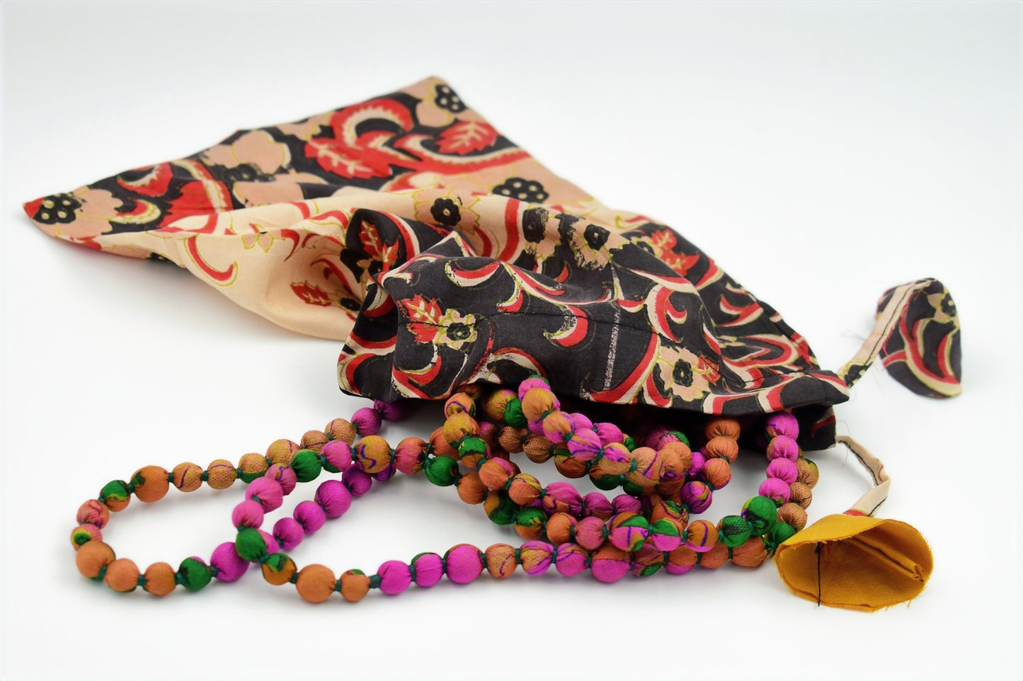 Mosaic — Sari Silk Bead Necklace, 1-String — Pink, Rust and Green — close-up detail