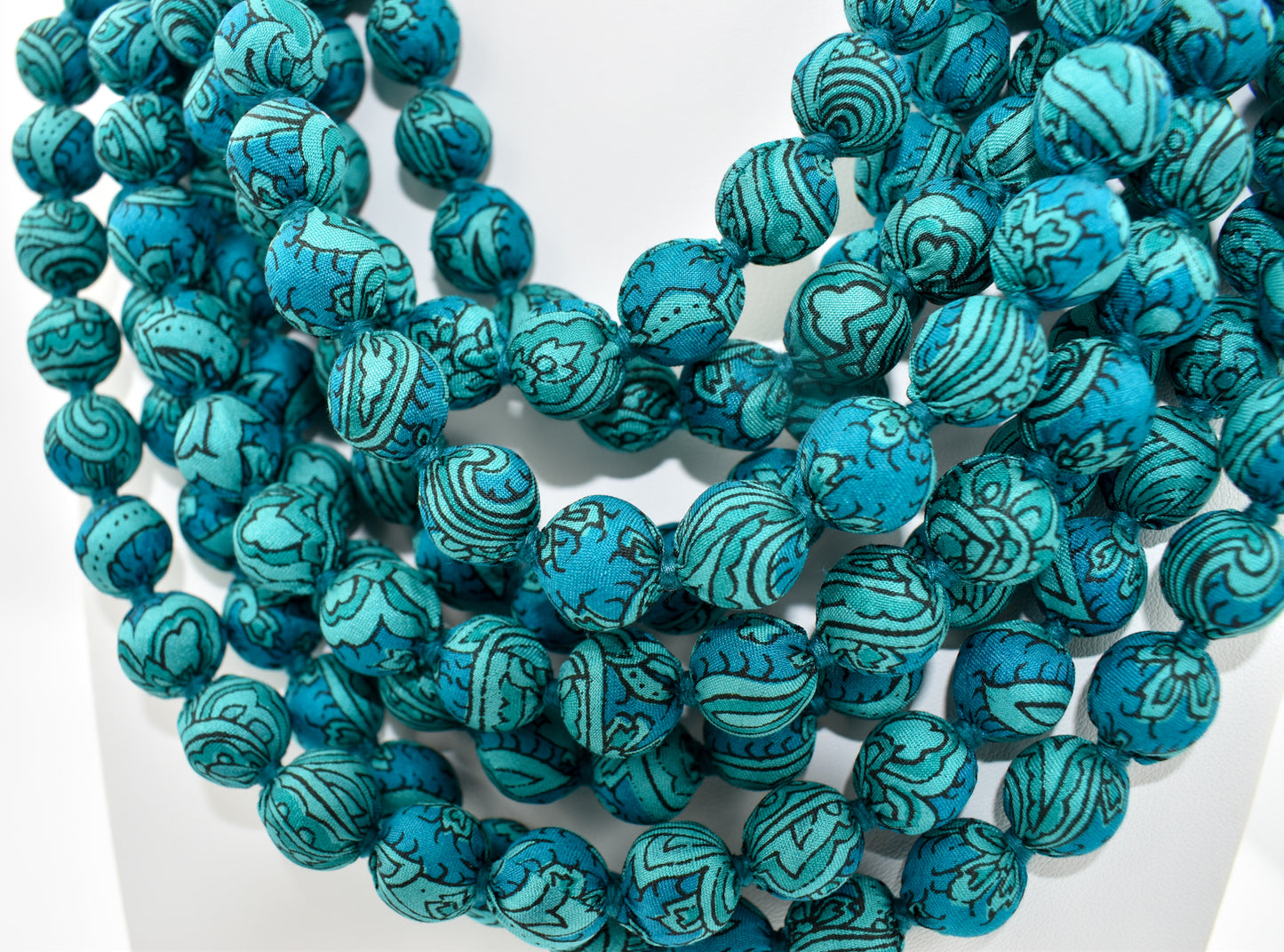 Teal Magic — Sari Kantha Bead Necklace — Blue and Green — worn on neck