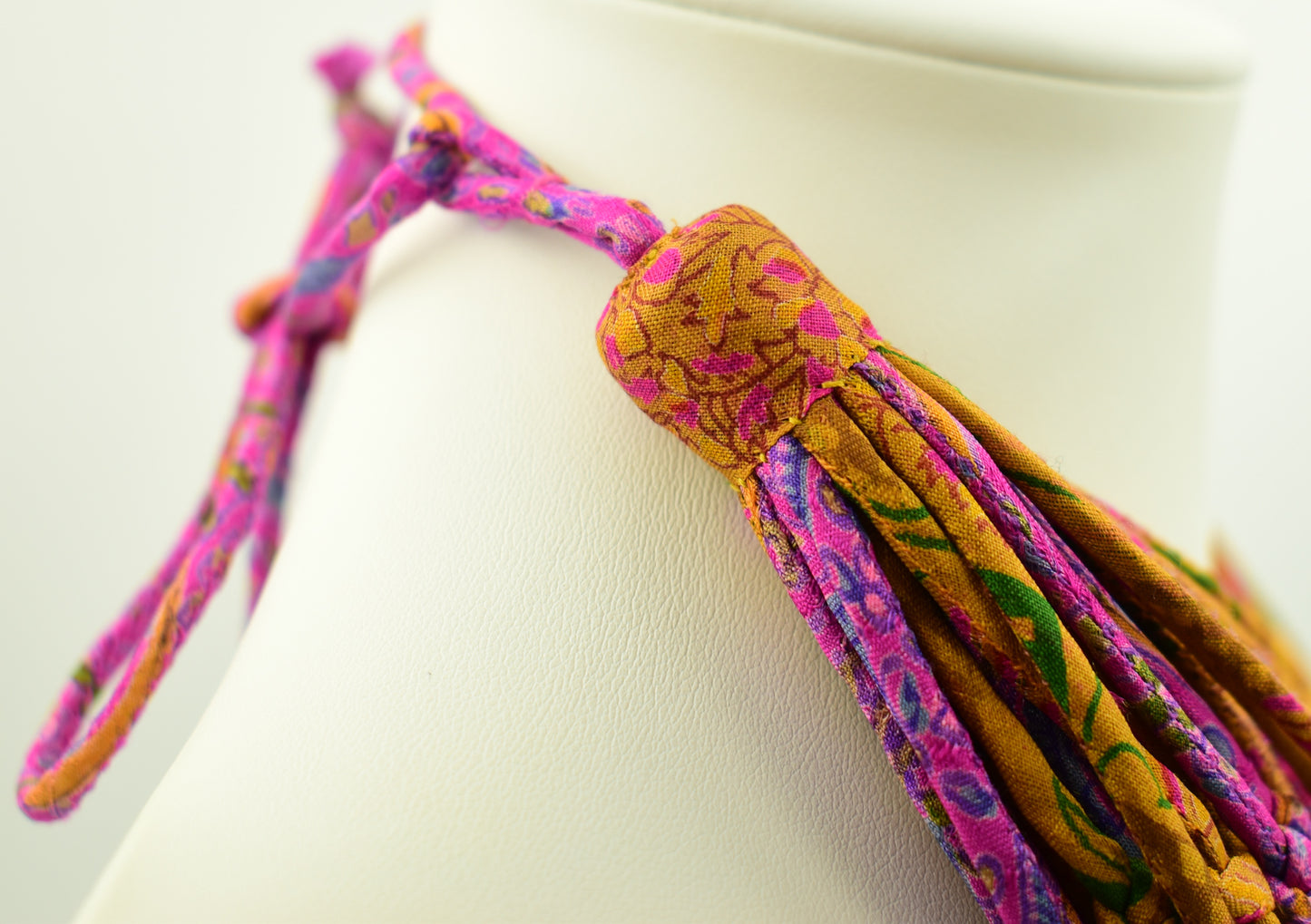 Autumn Sunset — Sari Silk Bead Necklace — Pink and Gold — worn on neck