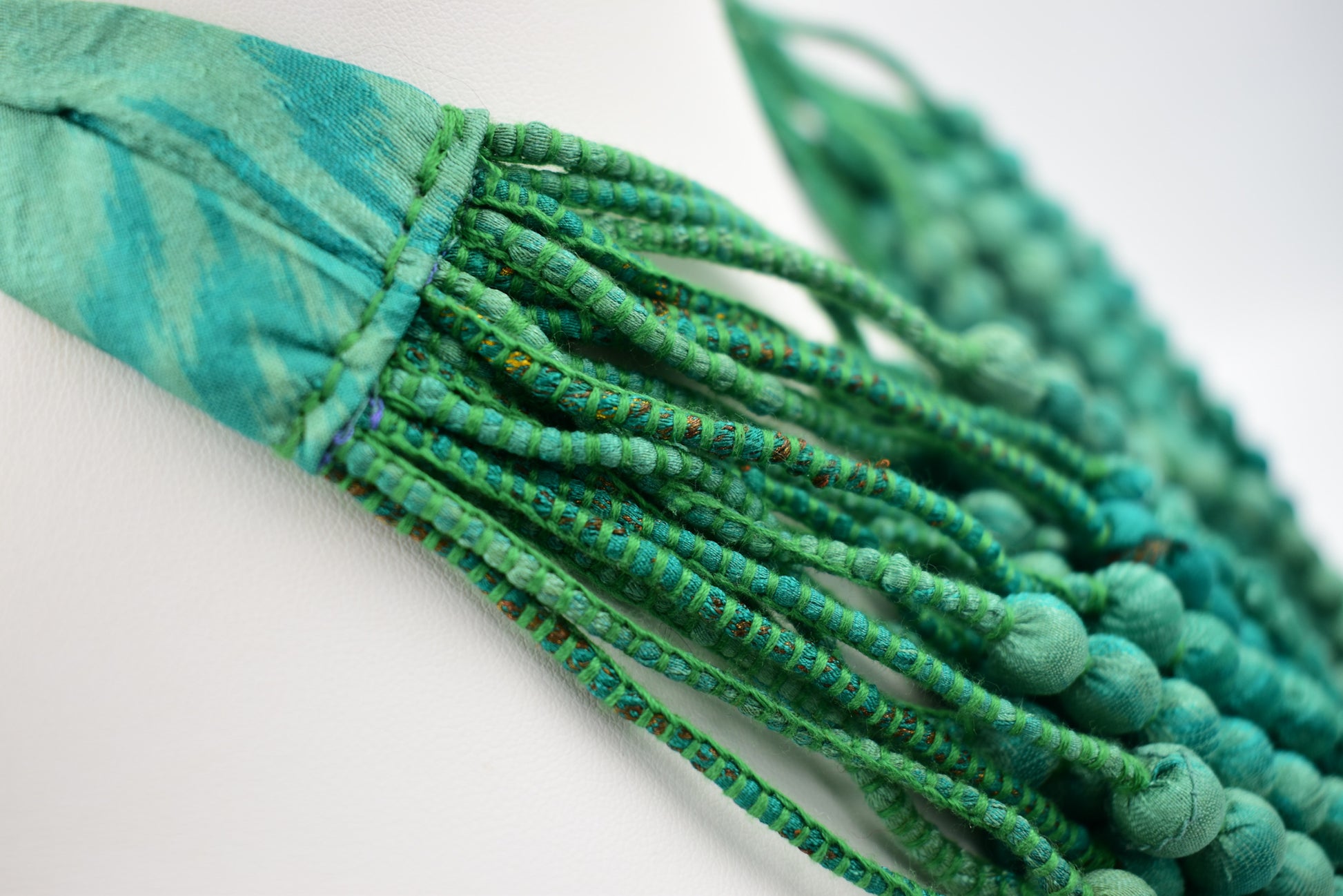 Spring — Sari Silk Bead Necklace, 22-String — Green — worn on neck