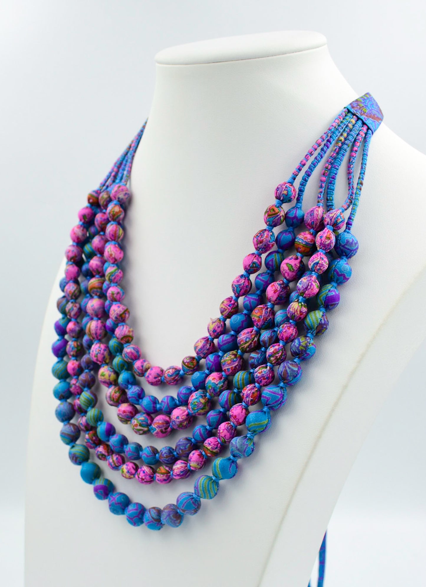Nantucket Sound — Sari Silk Bead Necklace, 6-String — Pink and Blue