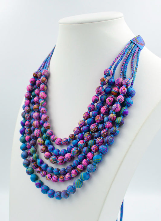 Nantucket Sound — Sari Silk Bead Necklace, 6-String — Pink and Blue