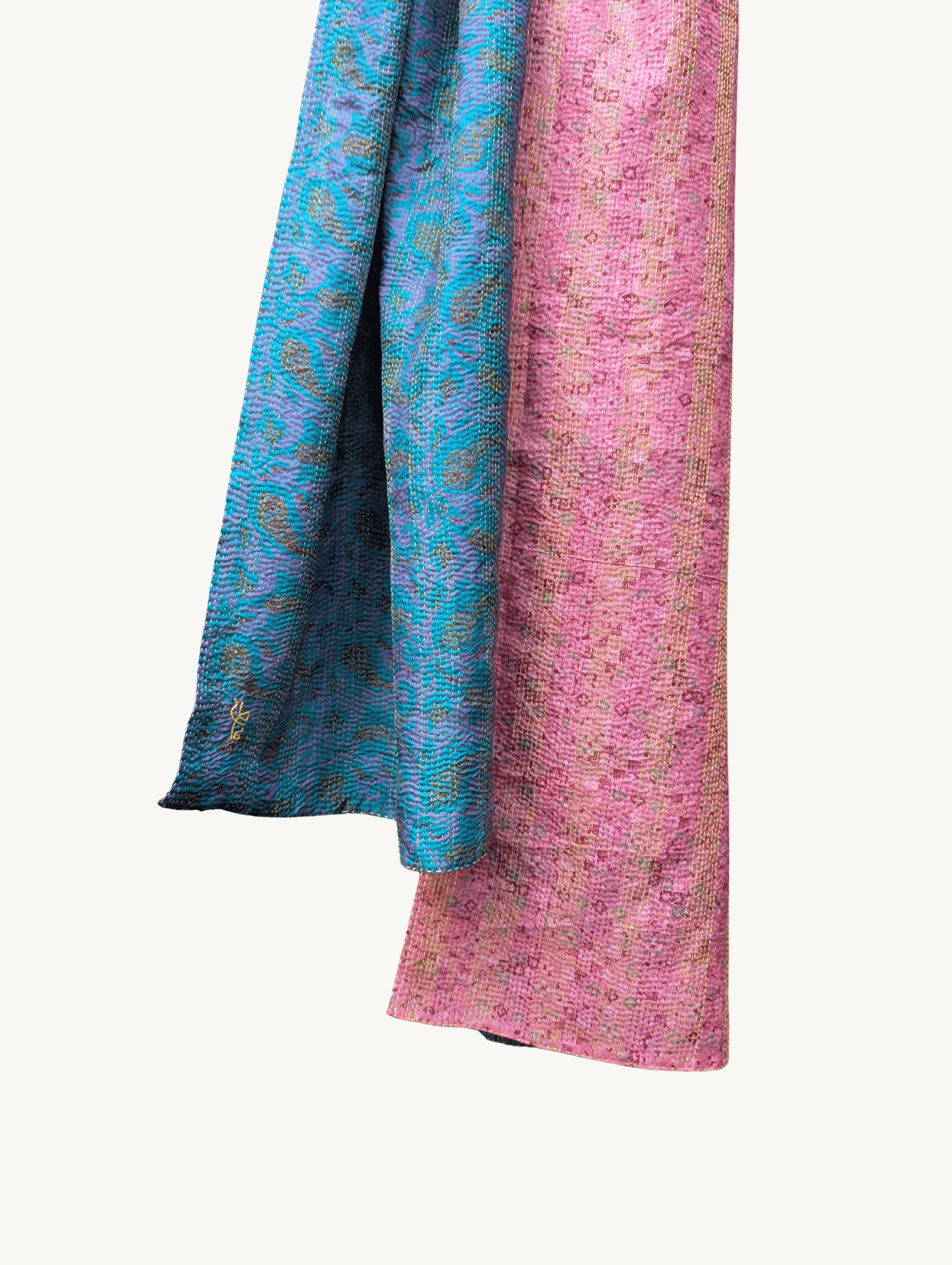 Kantha Silk Sari Shawl — Rose Pink and Teal — styling view