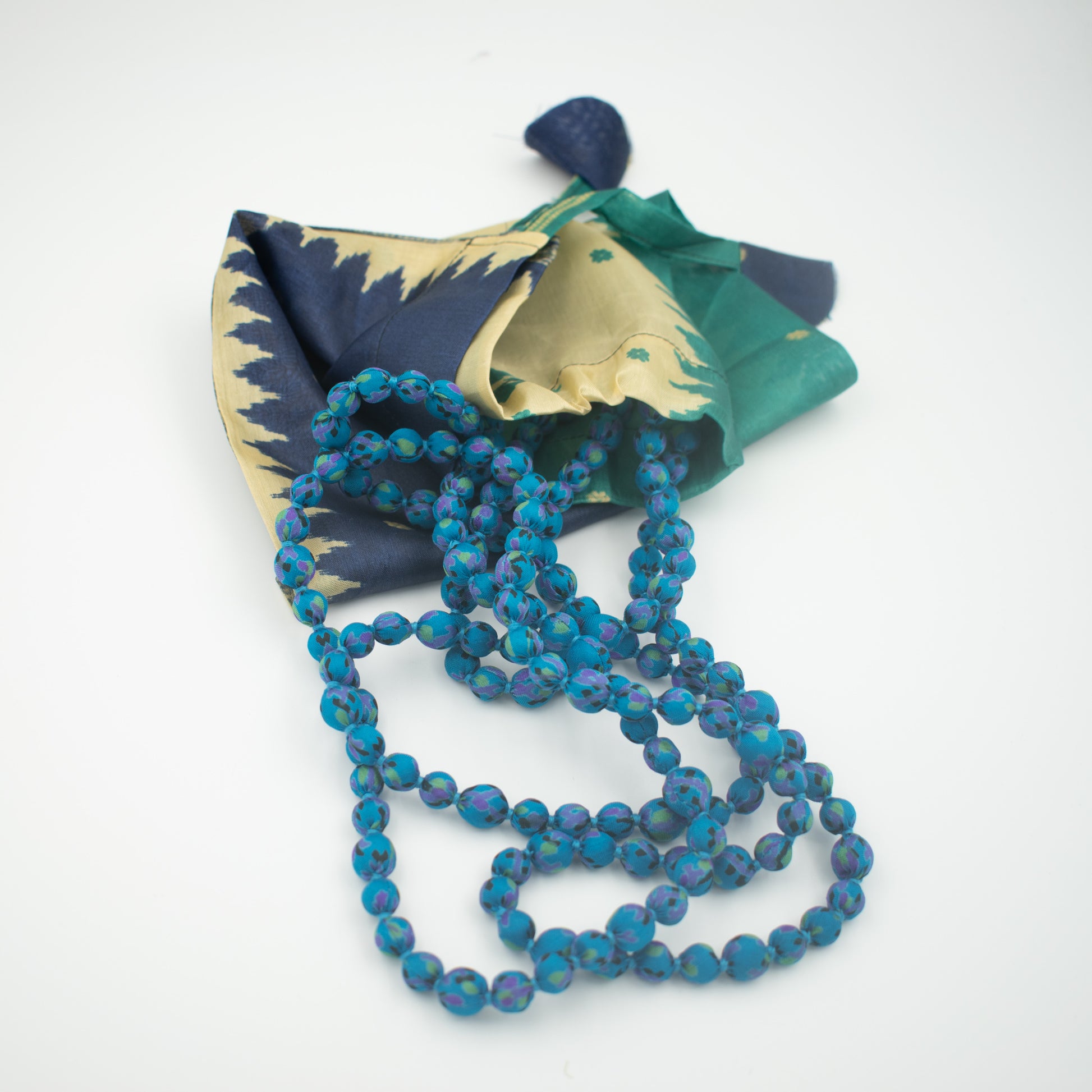 Sari Silk Bead Necklace, 1-String — Blue — styling view