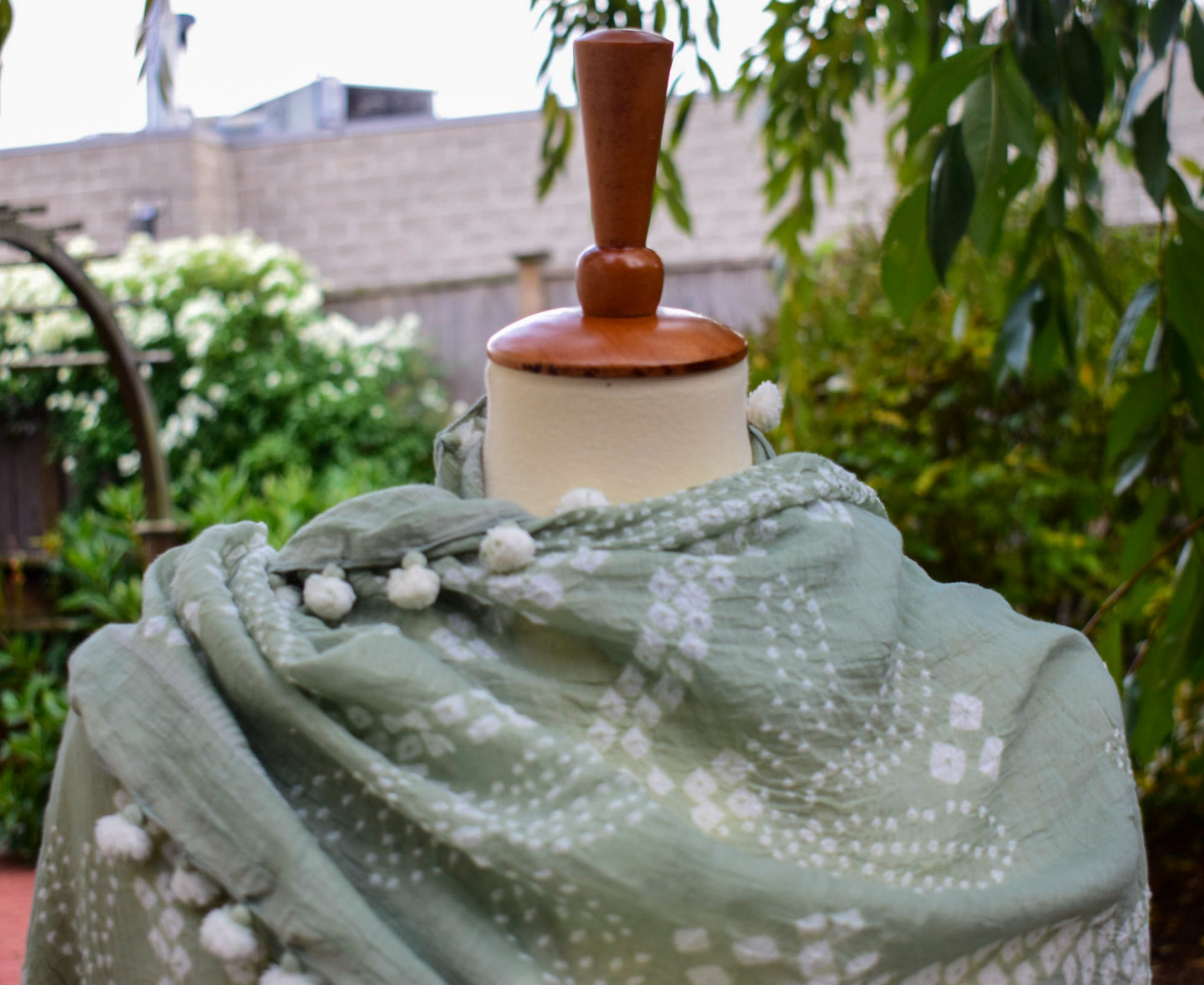 Cotton-Silk Bandhani Scarf — Mint — styling view