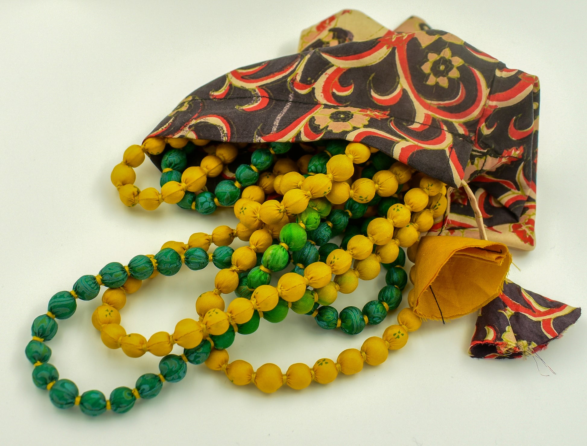 Two-Toned — Sari Silk Bead Necklace, 1-String — Green and Yellow — view 6