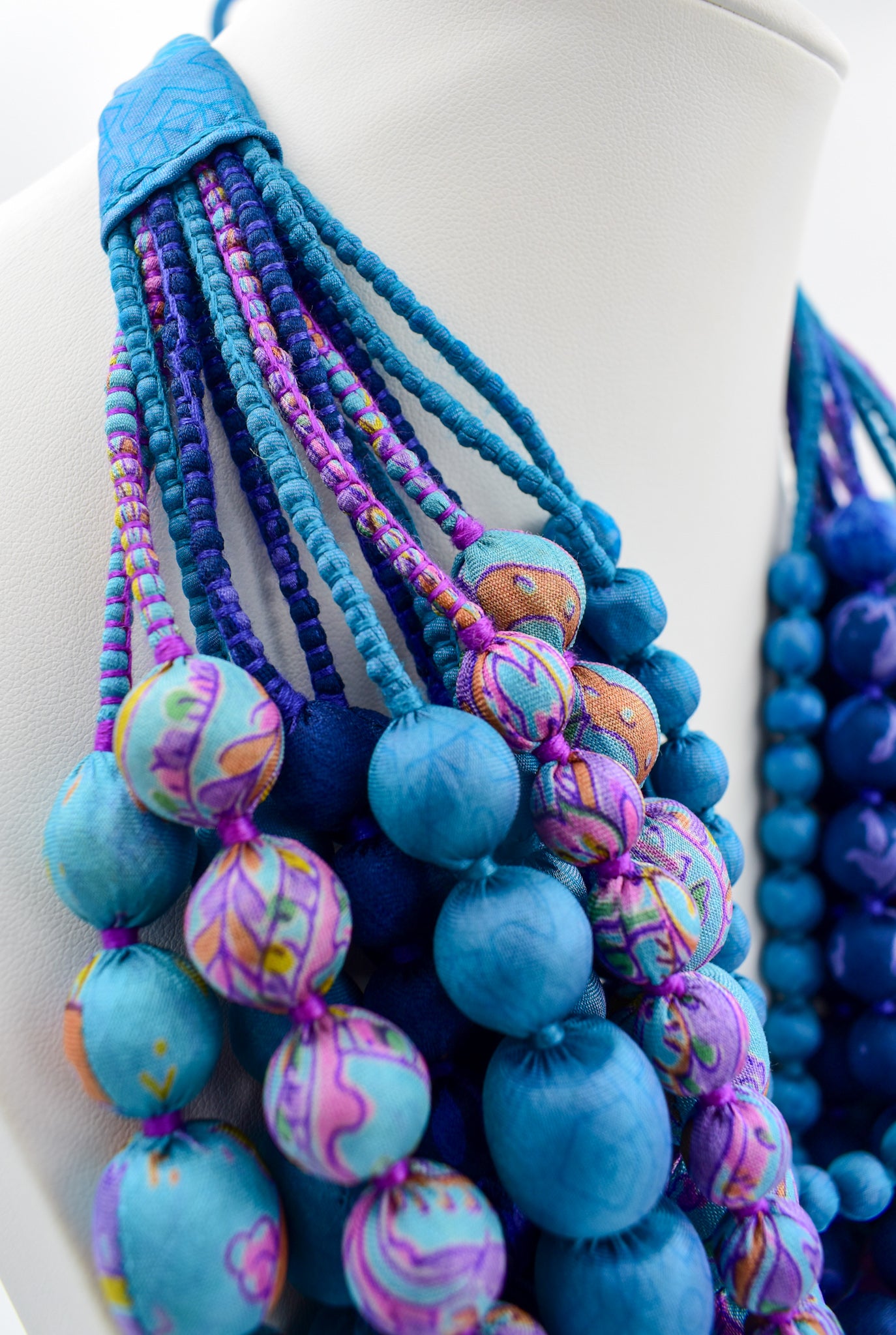 Serenity — Sari Silk Necklace, Iris Style — Blue and Pink — detail of beads