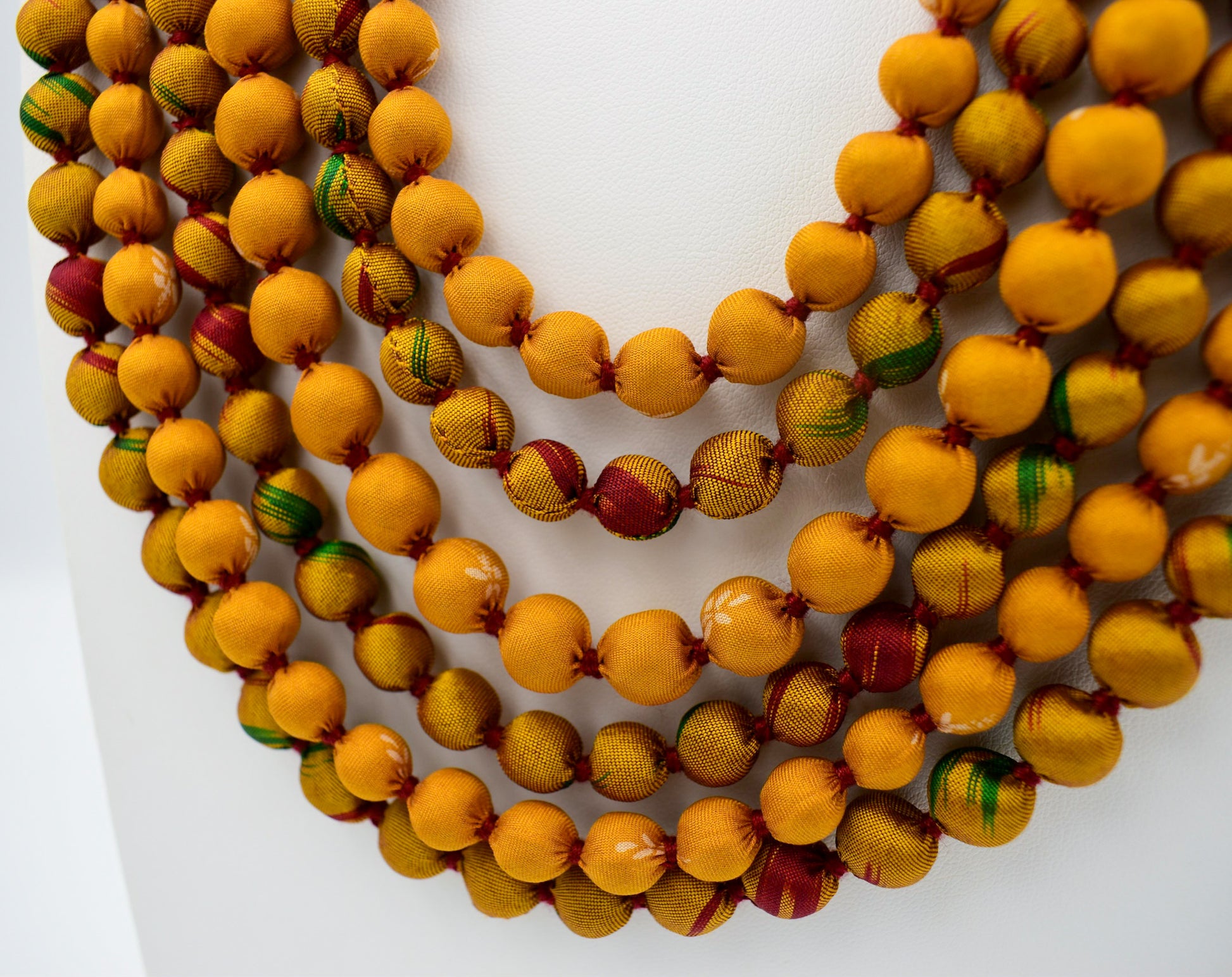 Gold Dust — Sari Silk Bead Necklace, 6-String — Mustard and Maroon — detail of beads