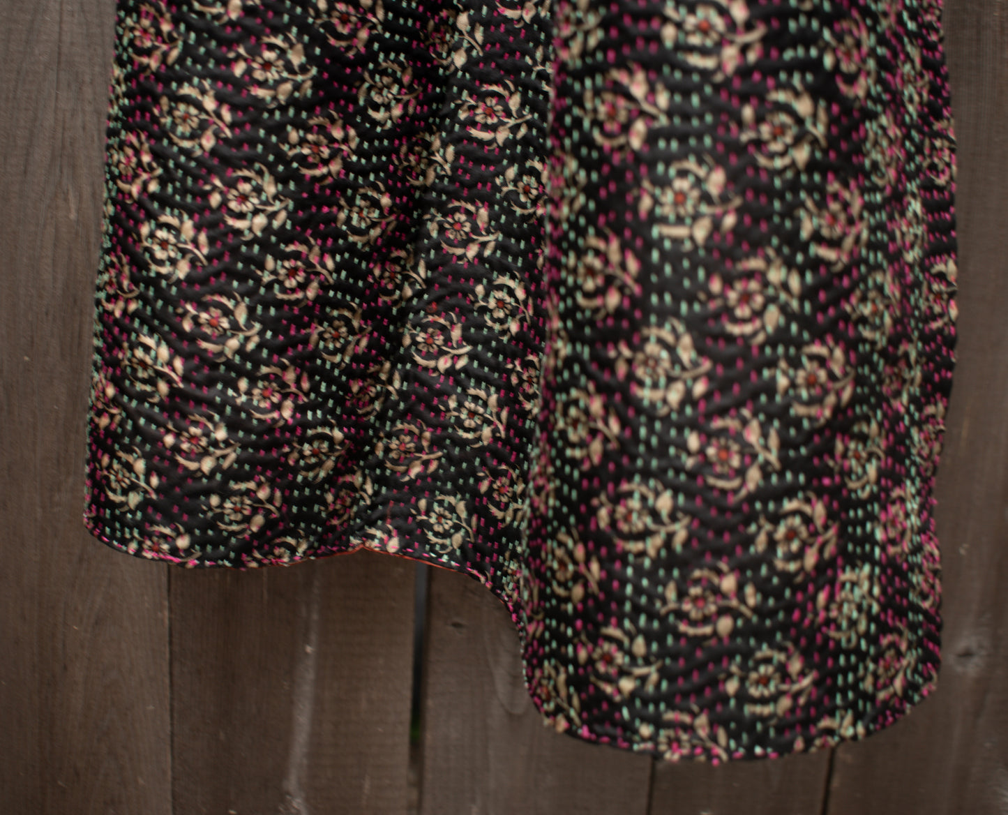 Kantha Silk Sari Shawl — Orange and Black Print, Gold Border — texture detail