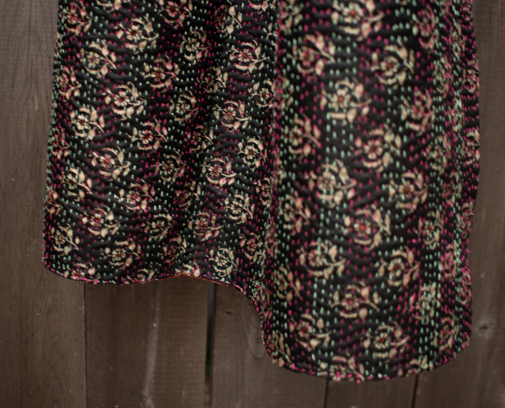 Kantha Silk Sari Shawl — Orange and Black Print, Gold Border — texture detail