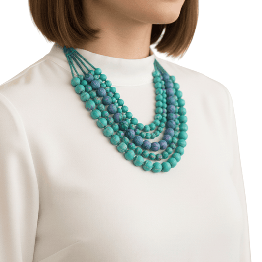 Sari Silk Bead Necklace, 5-String — Teal