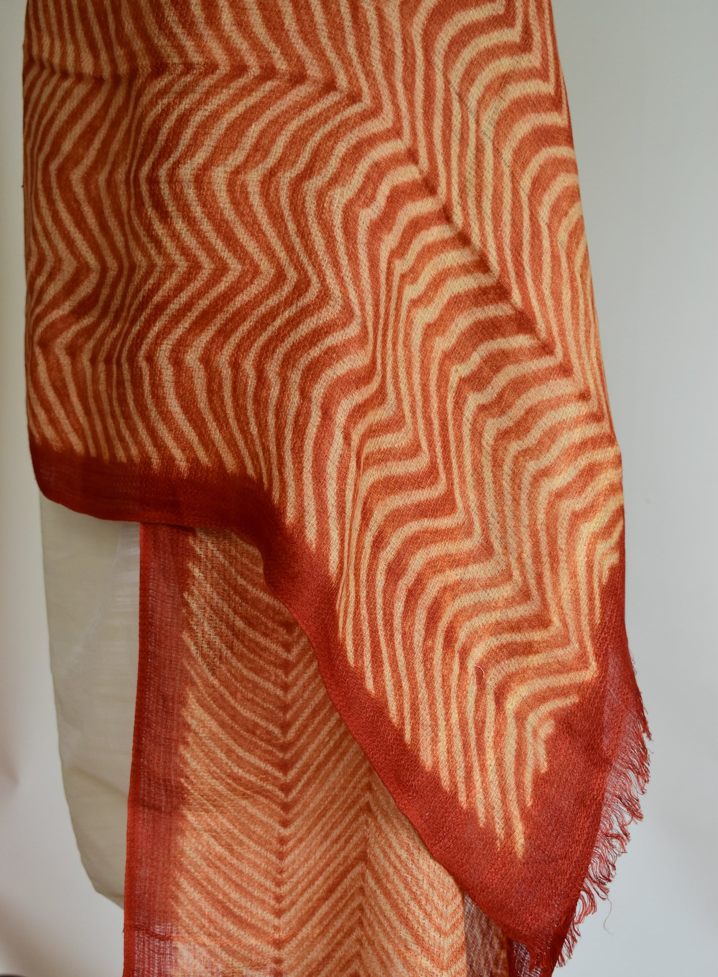 Linen Shibori Scarf — Burnt Orange Chevron — draped