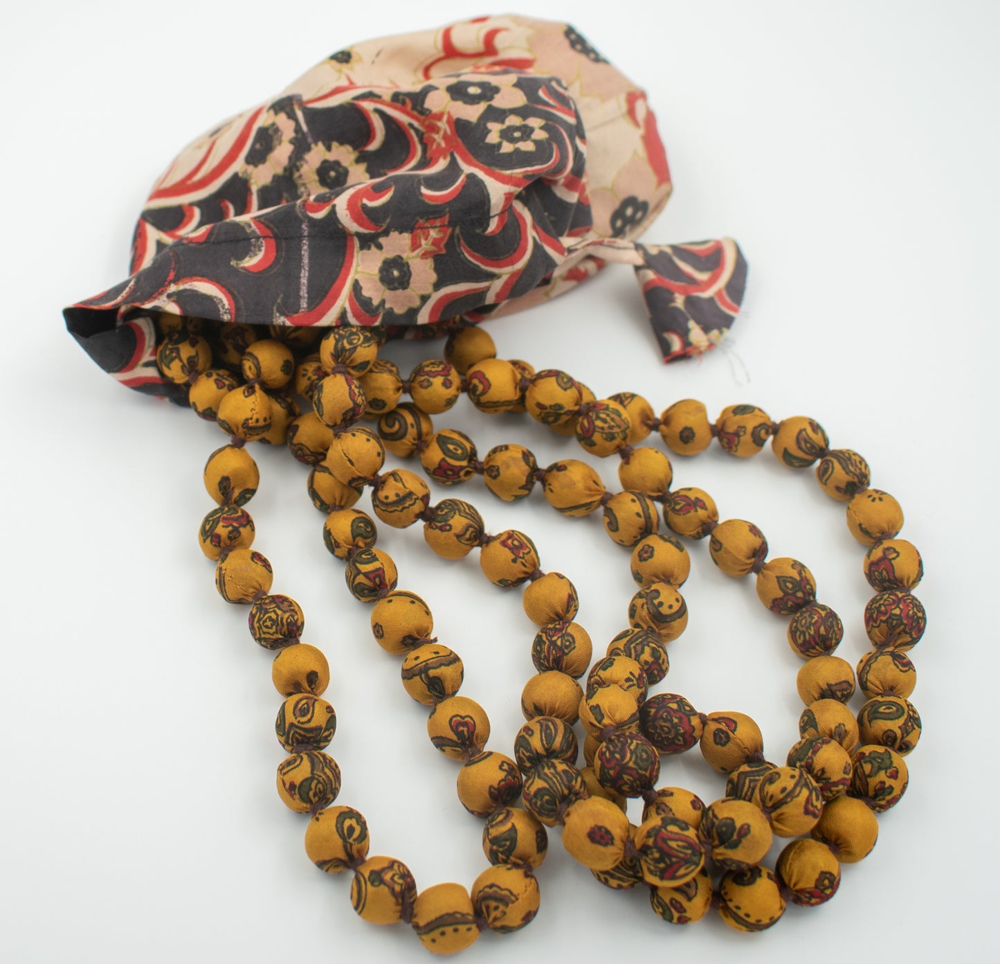 Sari Silk Bead Necklace, 3-String — Mustard and Brown — styling view