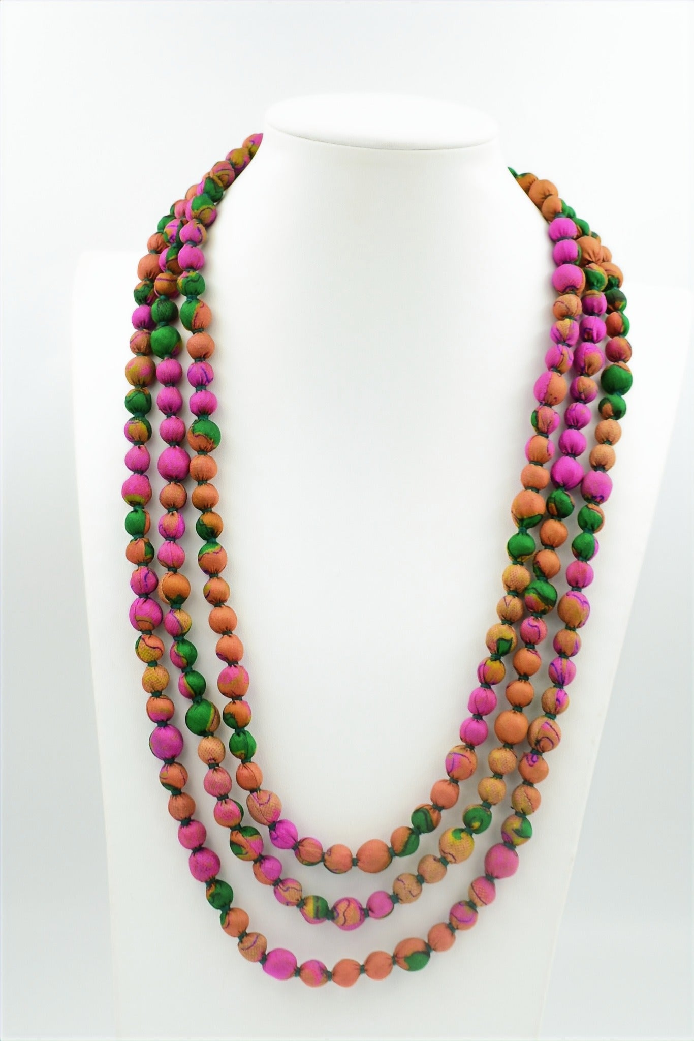 Mosaic — Sari Silk Bead Necklace, 1-String — Pink, Rust and Green