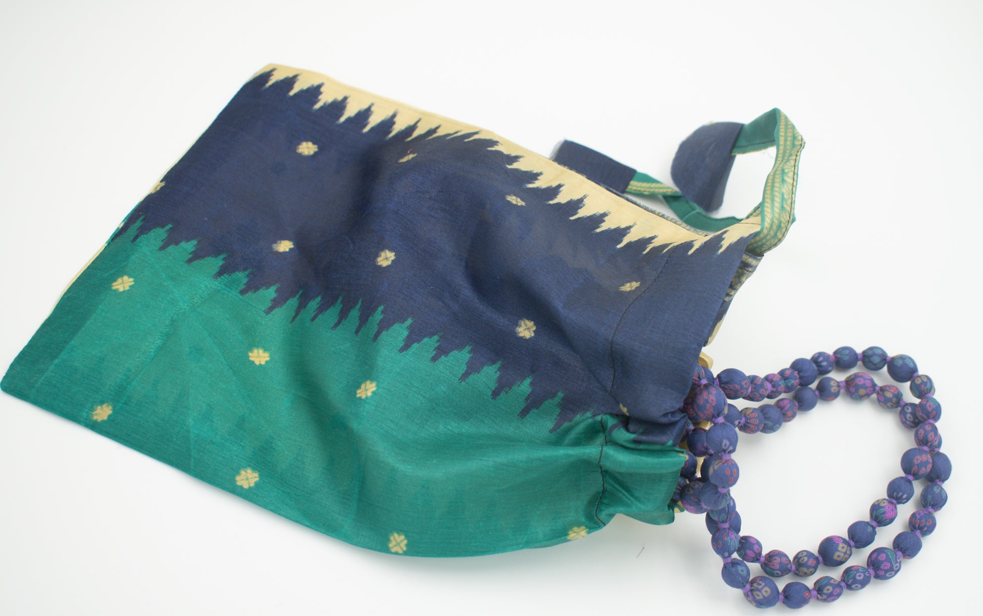 Sari Silk Bead Necklace, 1-String — Indigo Tie-Dye — styling view