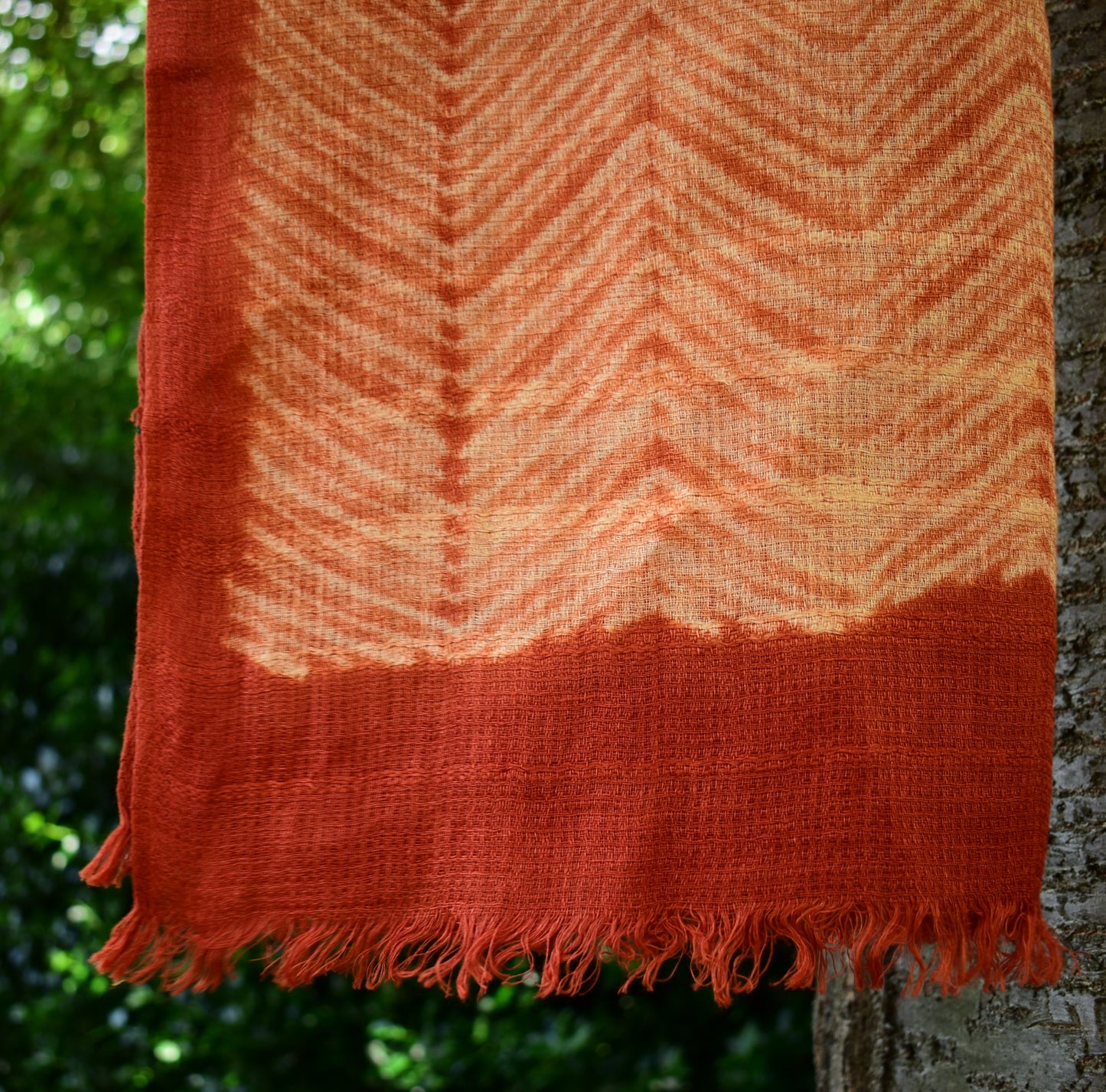 Linen Shibori Scarf — Burnt Orange Chevron — texture detail