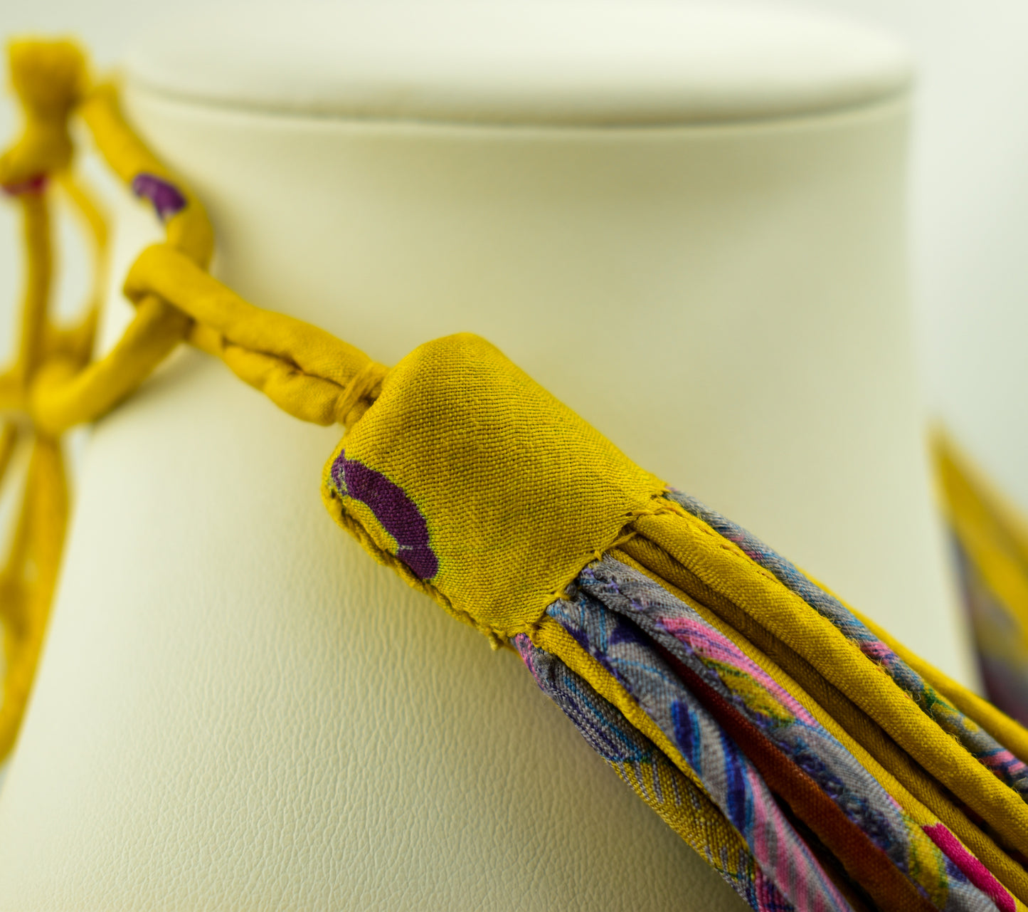 Sari Silk Bead Necklace — Yellow and Grey — worn on neck