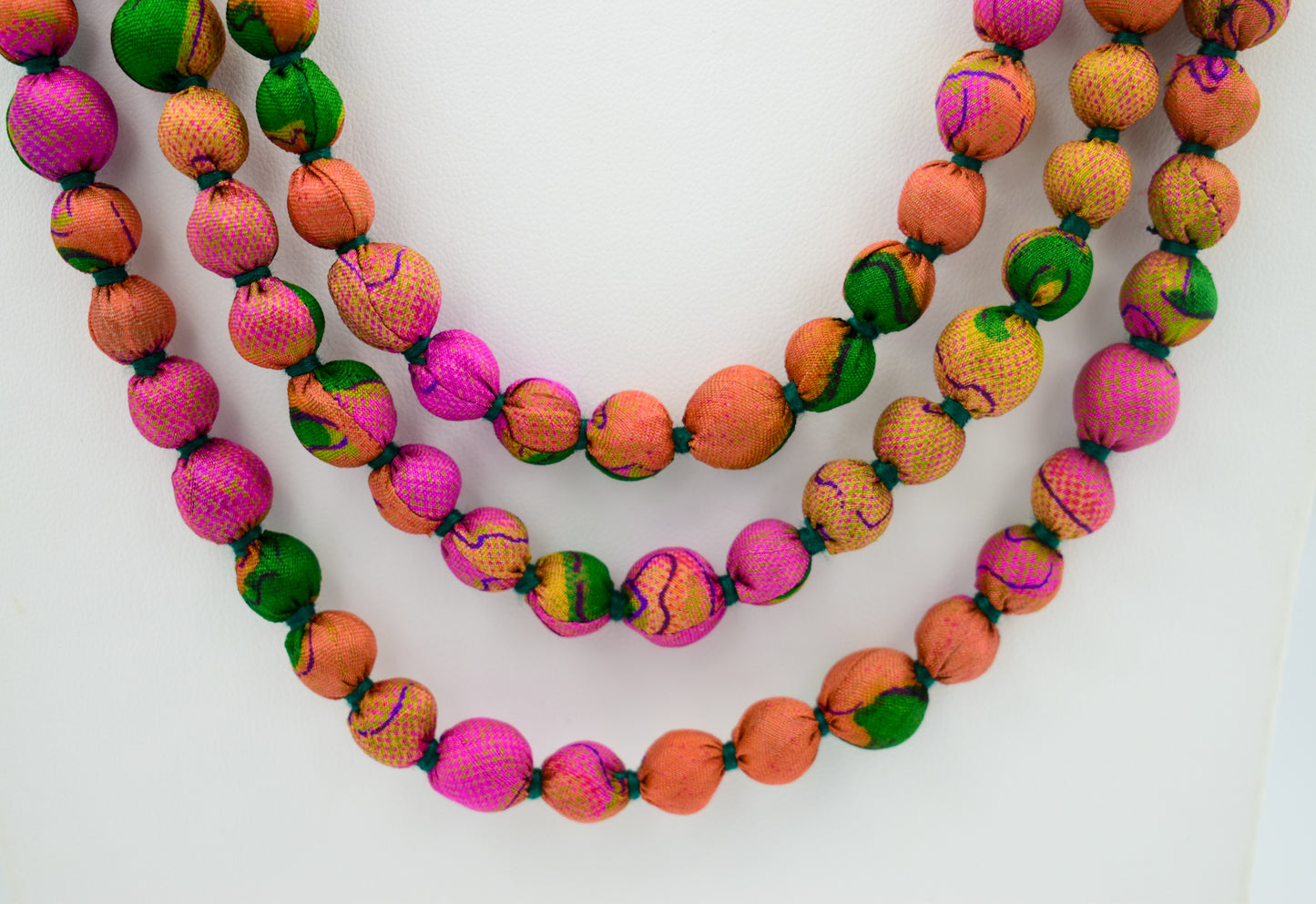 Mosaic — Sari Silk Bead Necklace, 1-String — Pink, Rust and Green — styling view