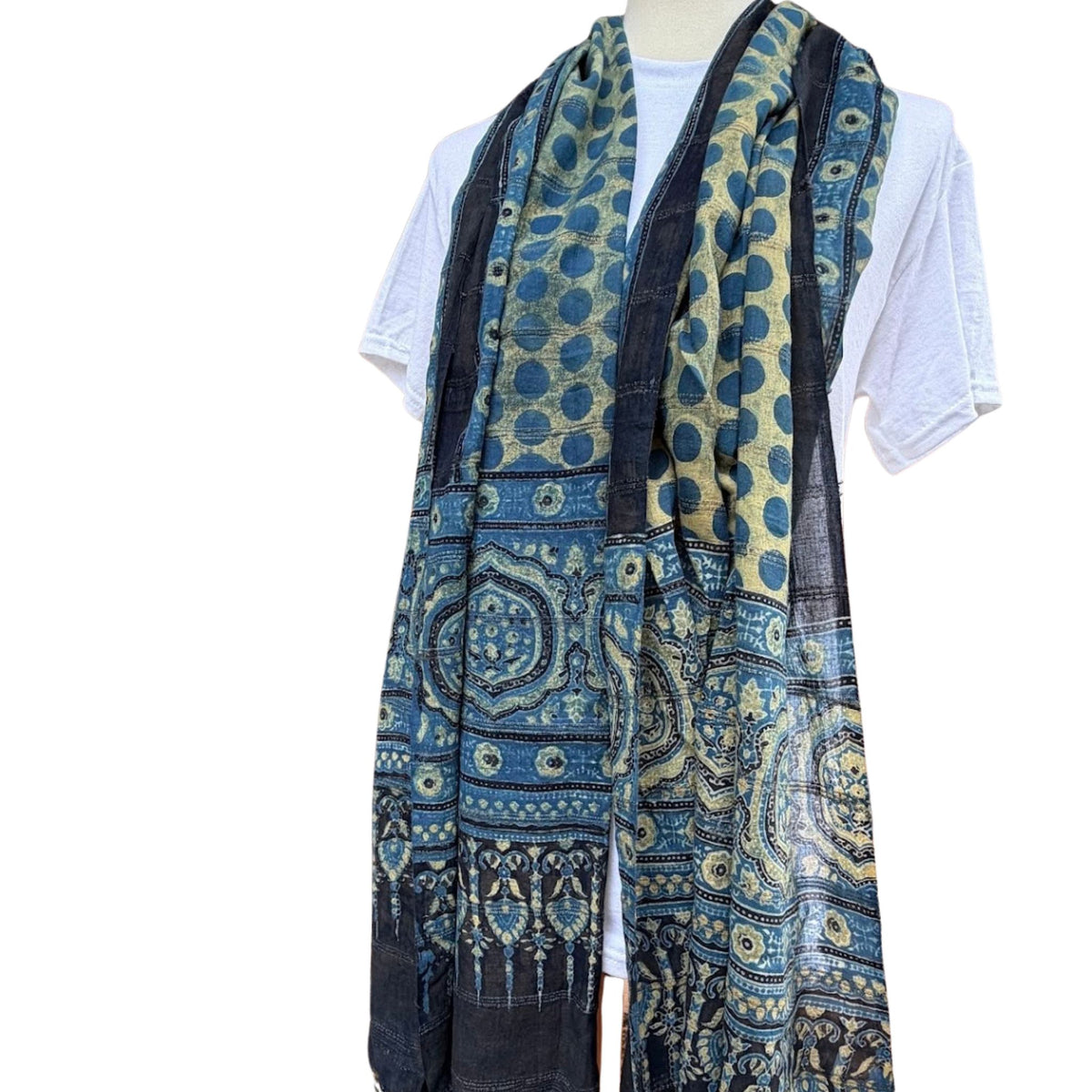 Block Print Cotton Scarf, Black, Indigo, Gold