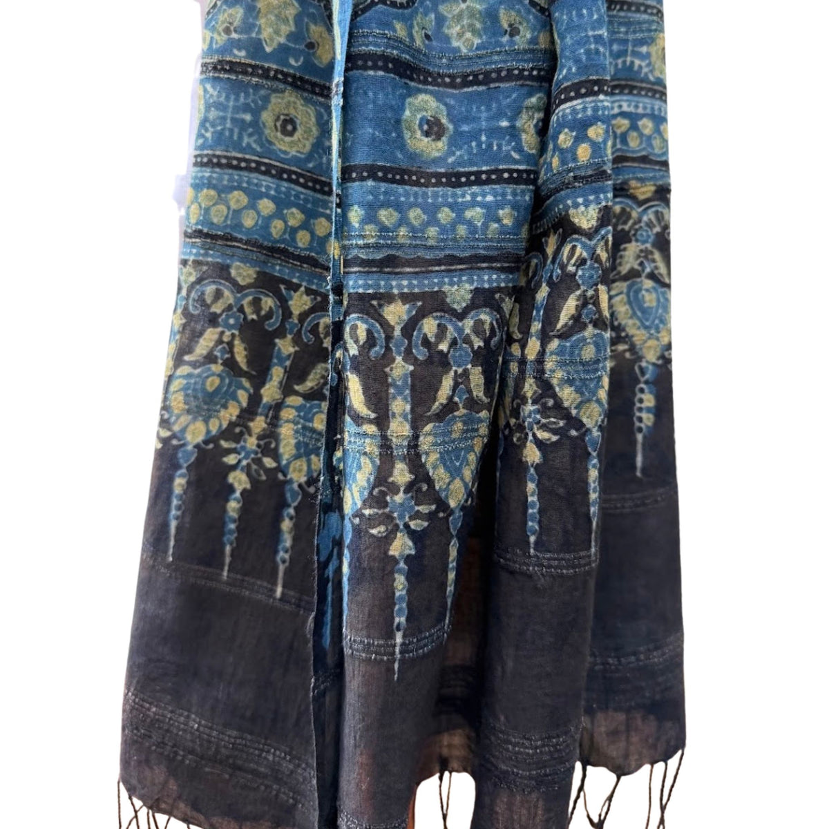 Block Print Cotton Scarf, Black, Indigo, Gold