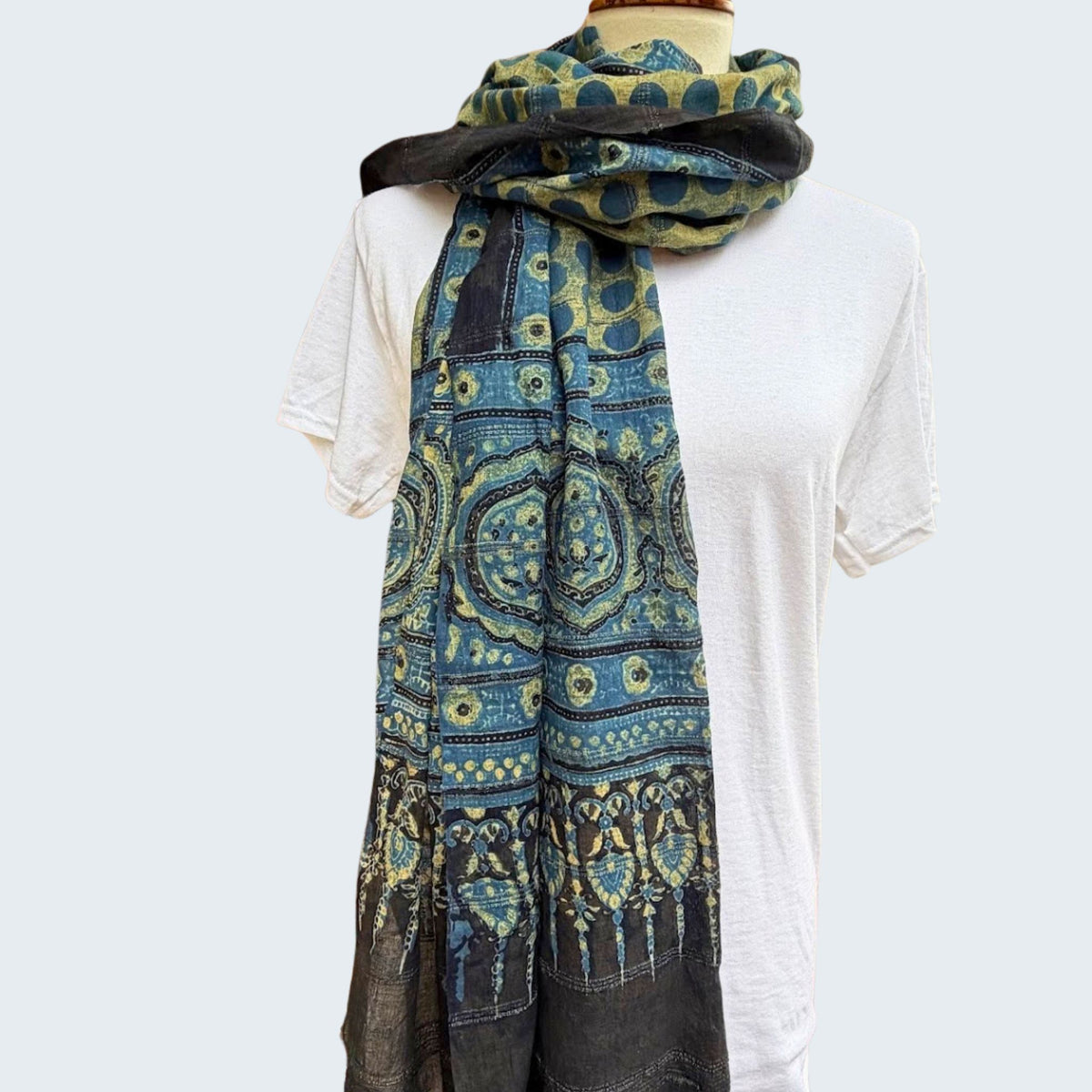 Block Print Cotton Scarf, Black, Indigo, Gold