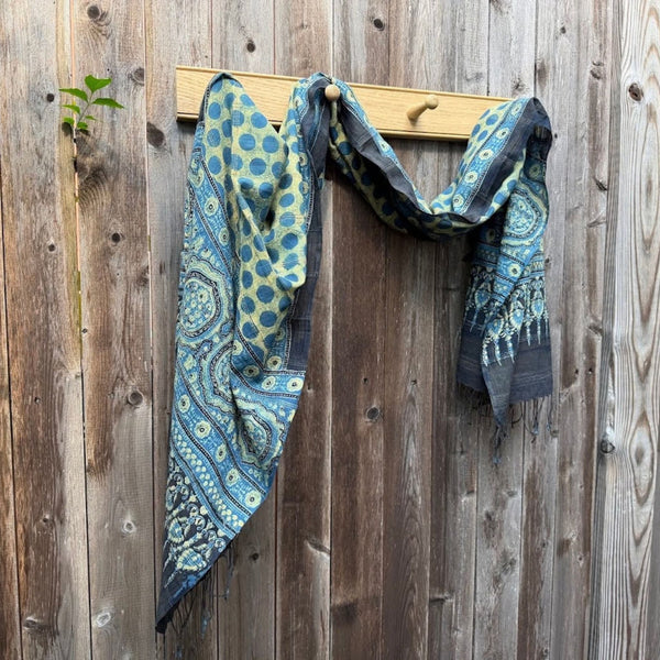 Block Print Cotton Scarf, Black, Indigo, Gold