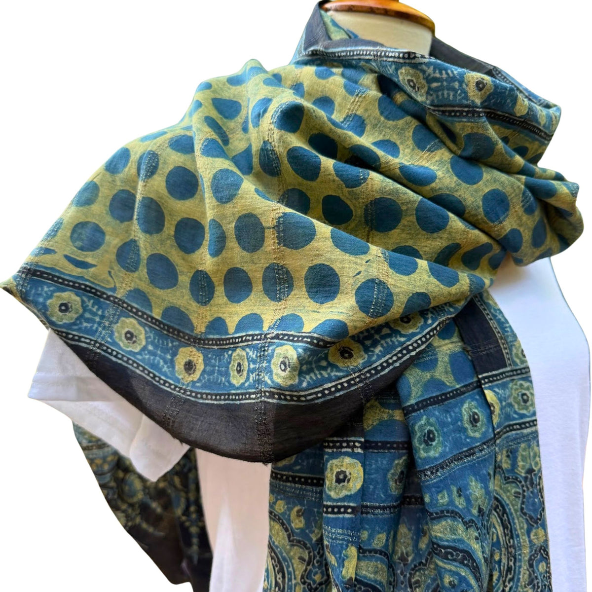 Block Print Cotton Scarf, Black, Indigo, Gold